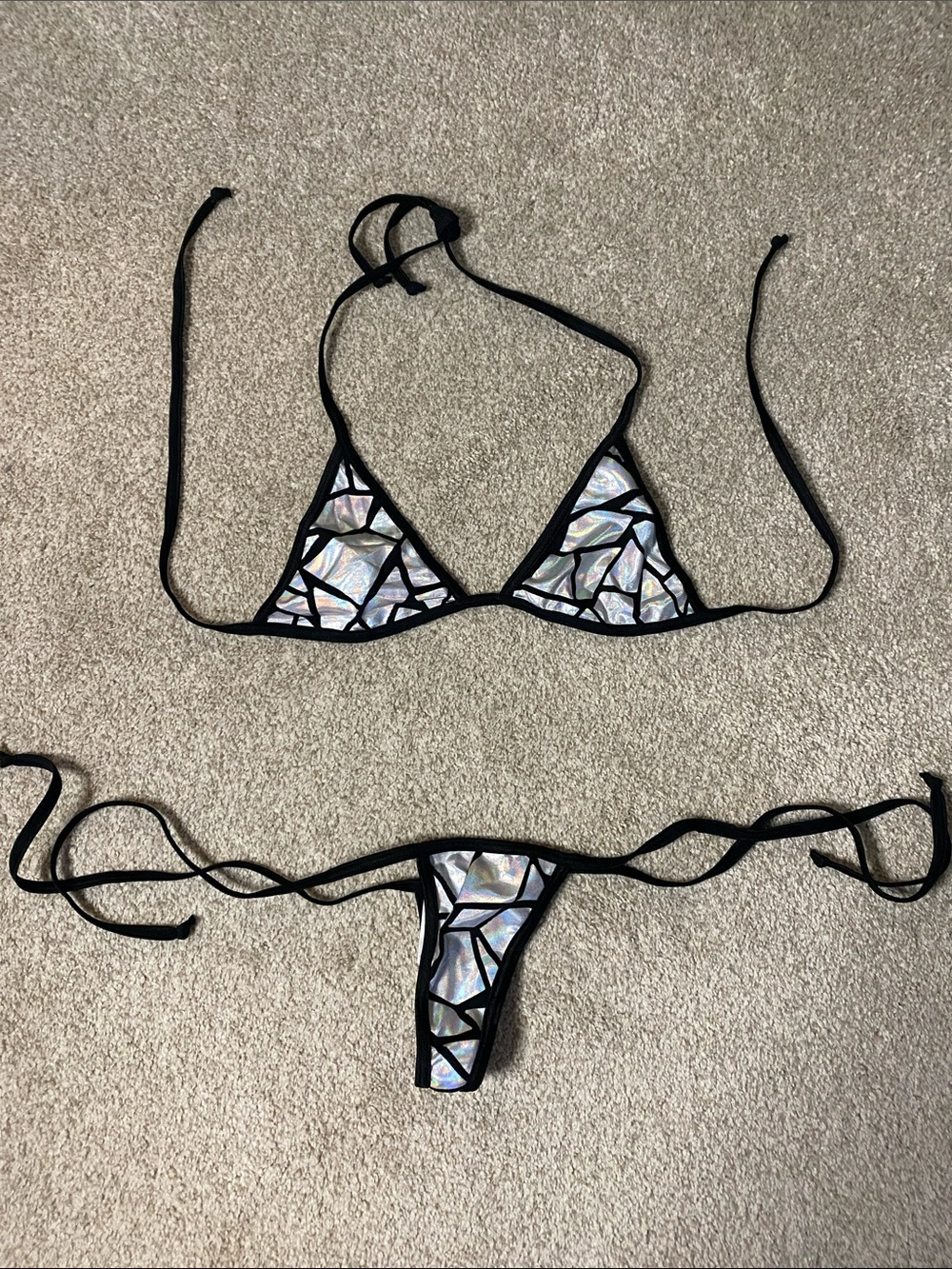PINK Victoria's Secret Black String Bikini with Iridescent Mosaic Panels